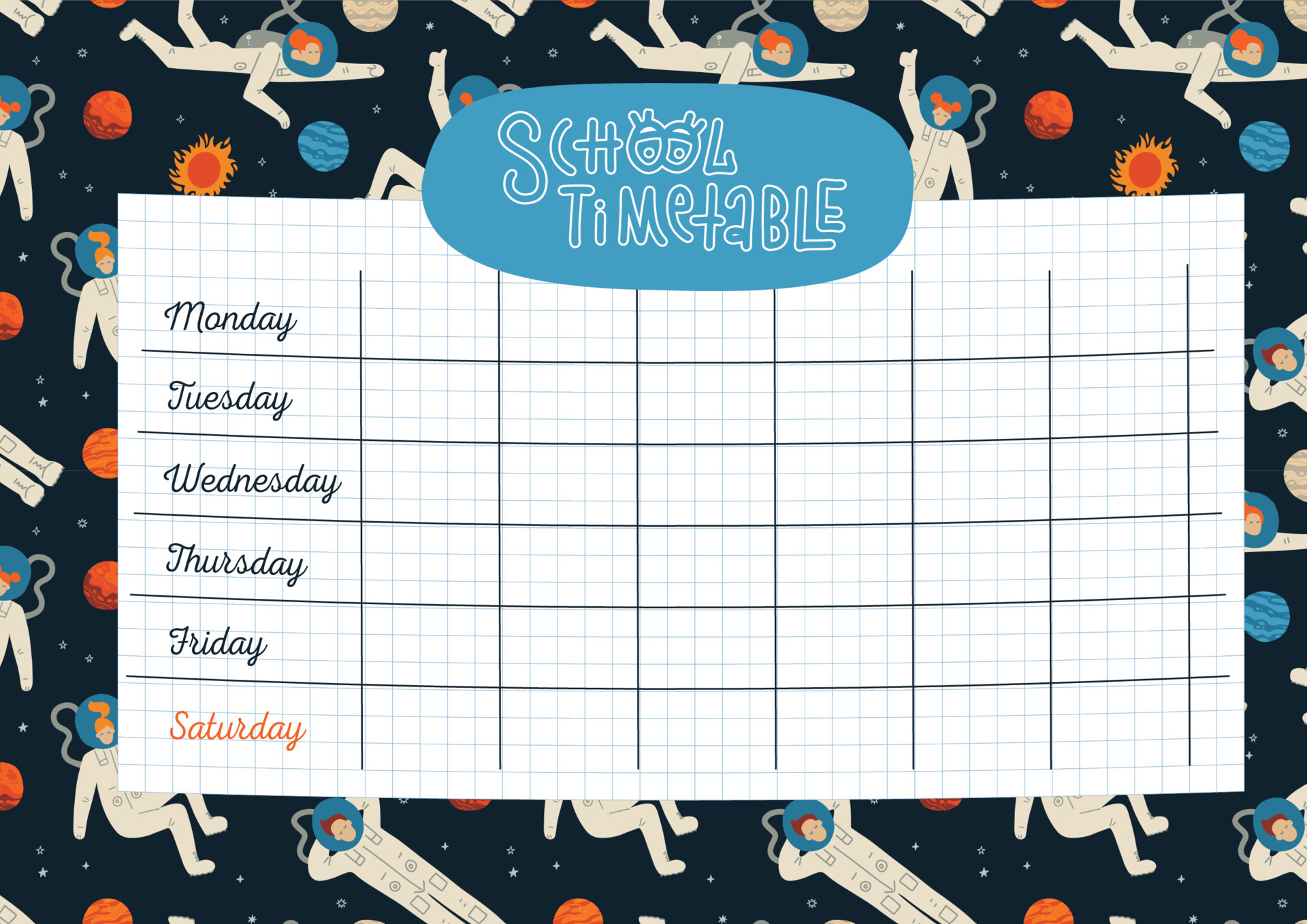 School timetable template, weekly classes schedule on space background with  cute astronaut, stars and planets. Flat hand drawn vector design with  lettering. 8469390 Vector Art at Vecteezy