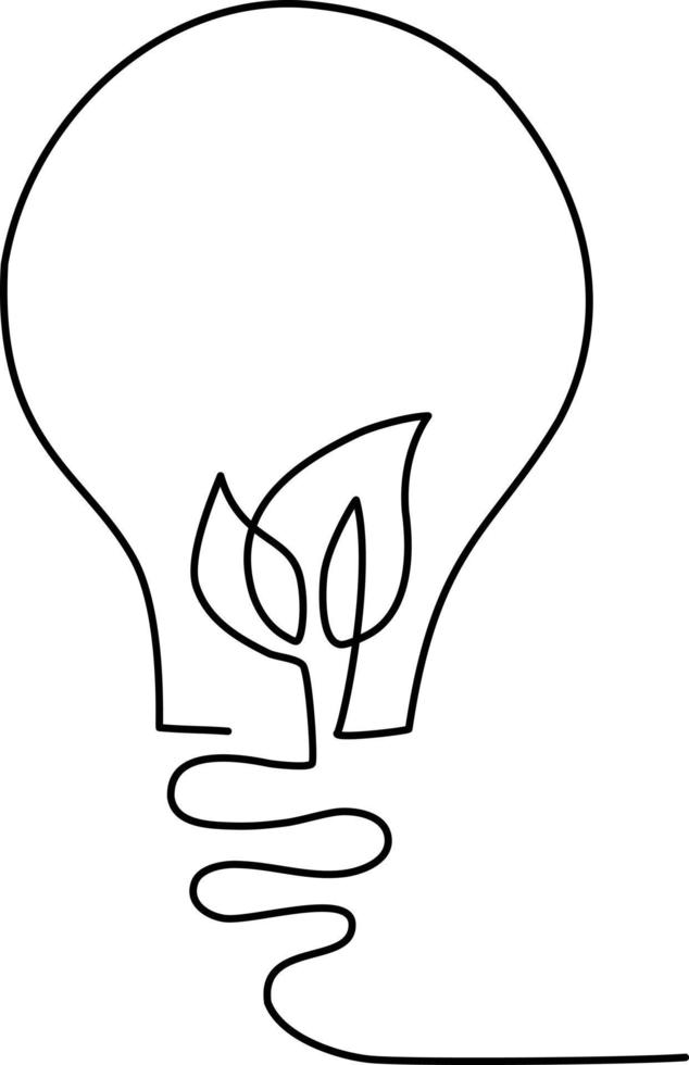 continuous line drawing of Light bulb with leaf on white background. vector