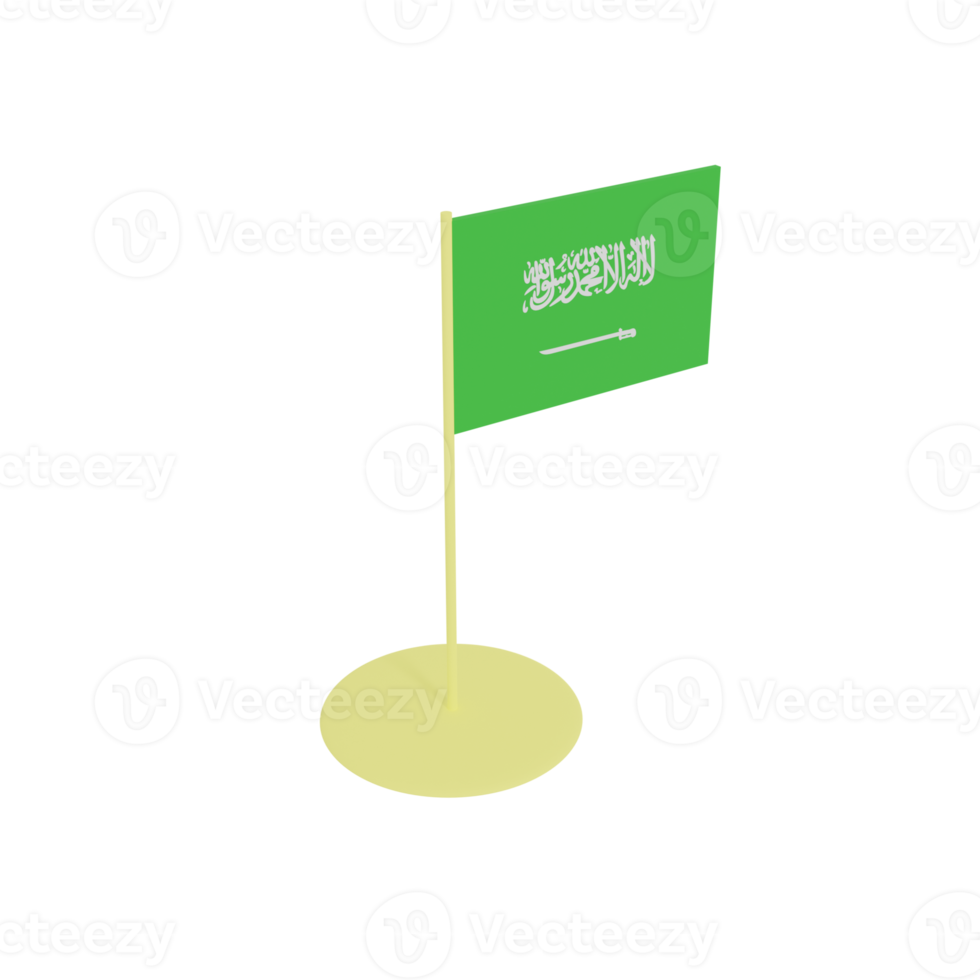 Flag of the Kingdom of Saudi Arabia on flagpole, plastic toy, 3D rendering model. png