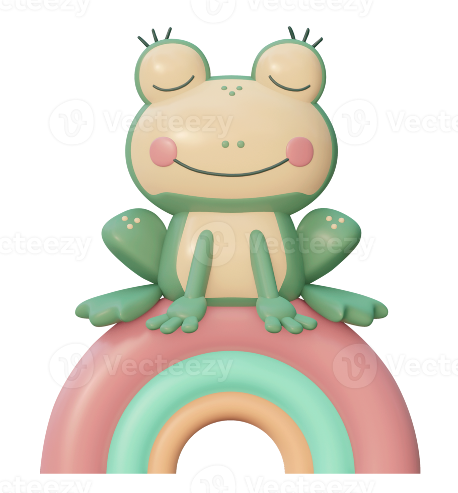 grenouille verte sur un arc-en-ciel, personnage de dessin animé. Illustration 3D. png