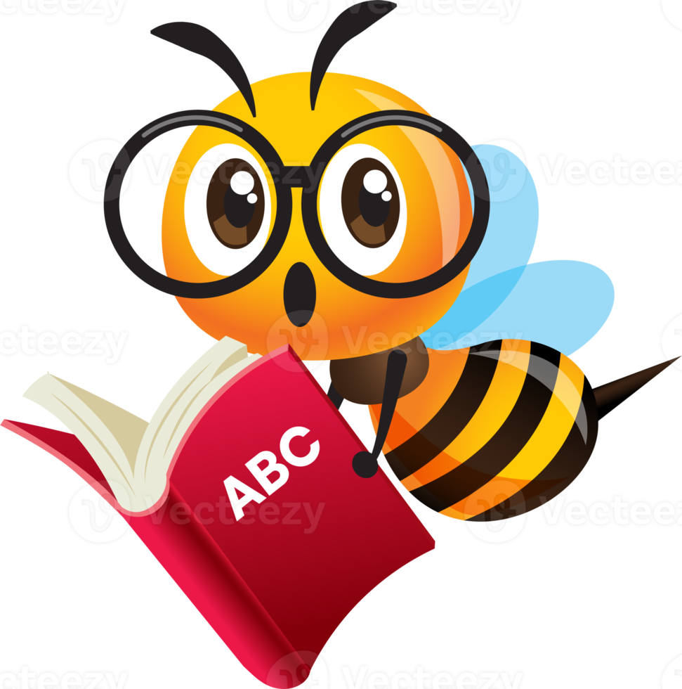 dessin animé mignon abeille avec mascotte de grosses lunettes portant un livre d'étude rouge. abeille retour à l'école png