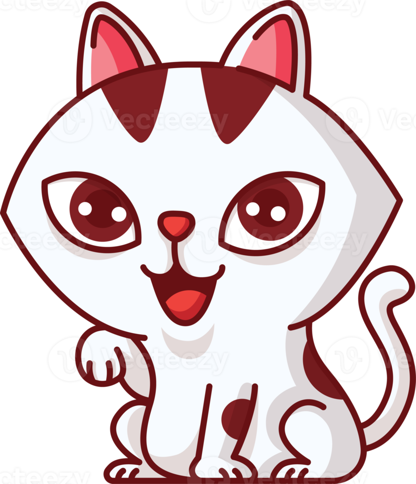 Cartoon cute adorable white female cat paw up with smile on love shape background png mascot