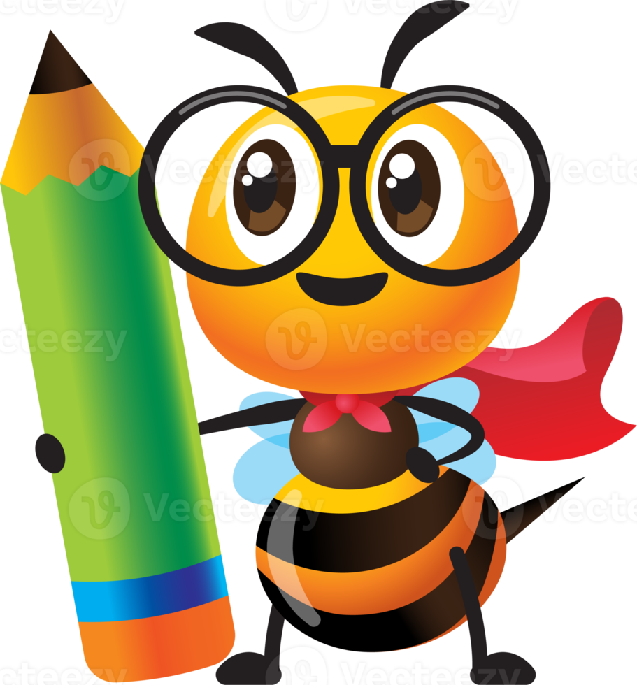 de volta à escola. personagem de desenho animado abelha bonitinha segurando um grande lápis vermelho png