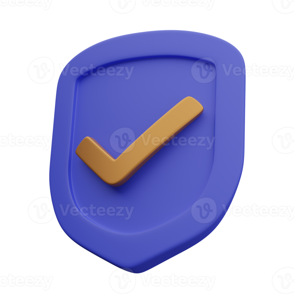 3d purple shield icon with checkmark in gold finish png