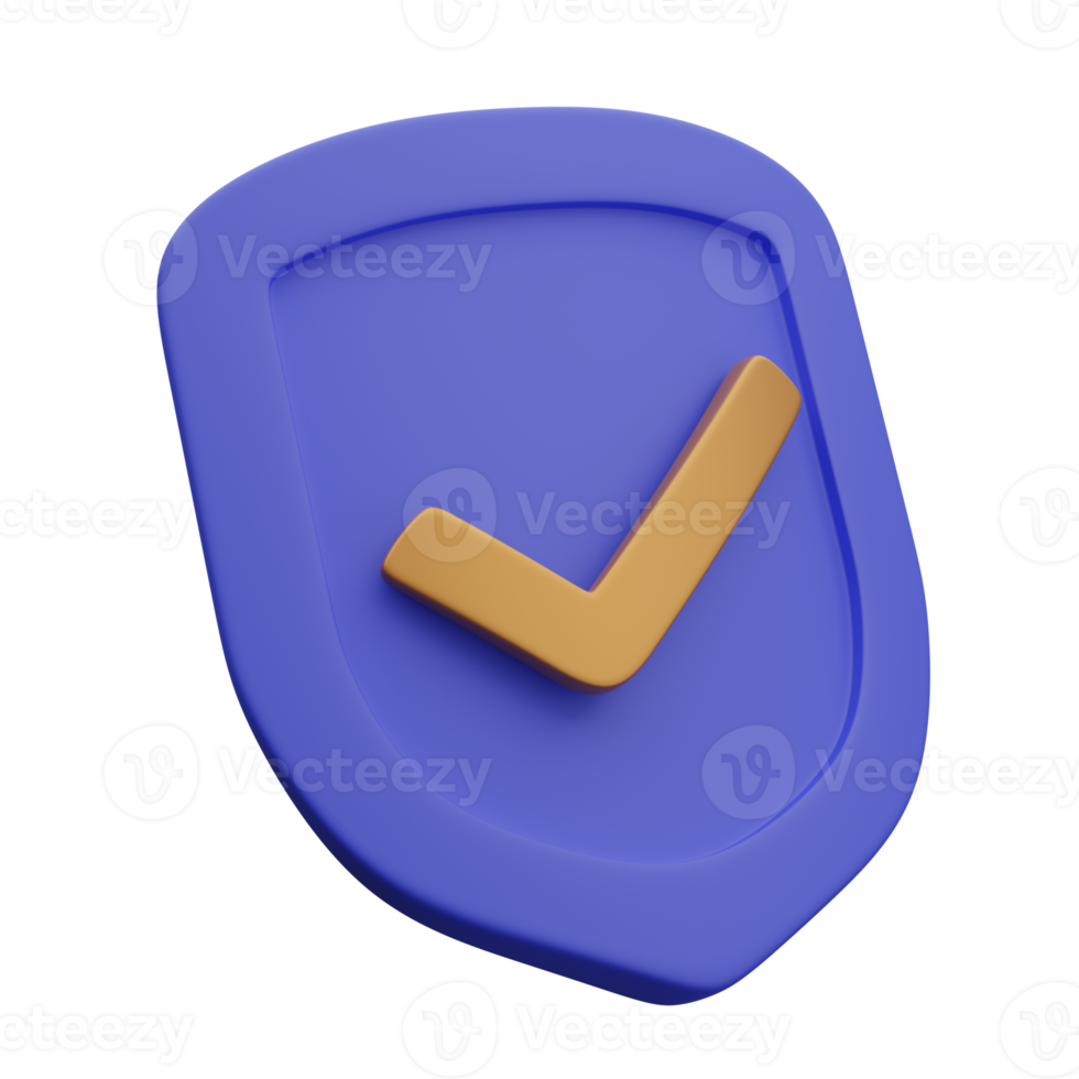 3d purple shield icon with checkmark in gold finish png