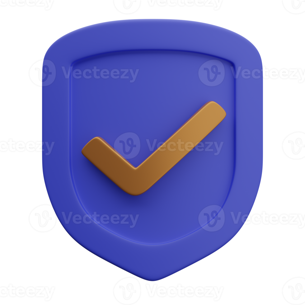 3d purple shield icon with checkmark in gold finish png