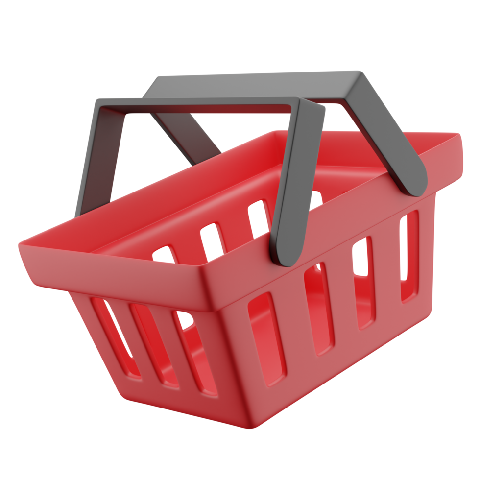 Ilustración 3d del icono rojo de la cesta de compras o comestibles con mango negro en ángulo flotante. png