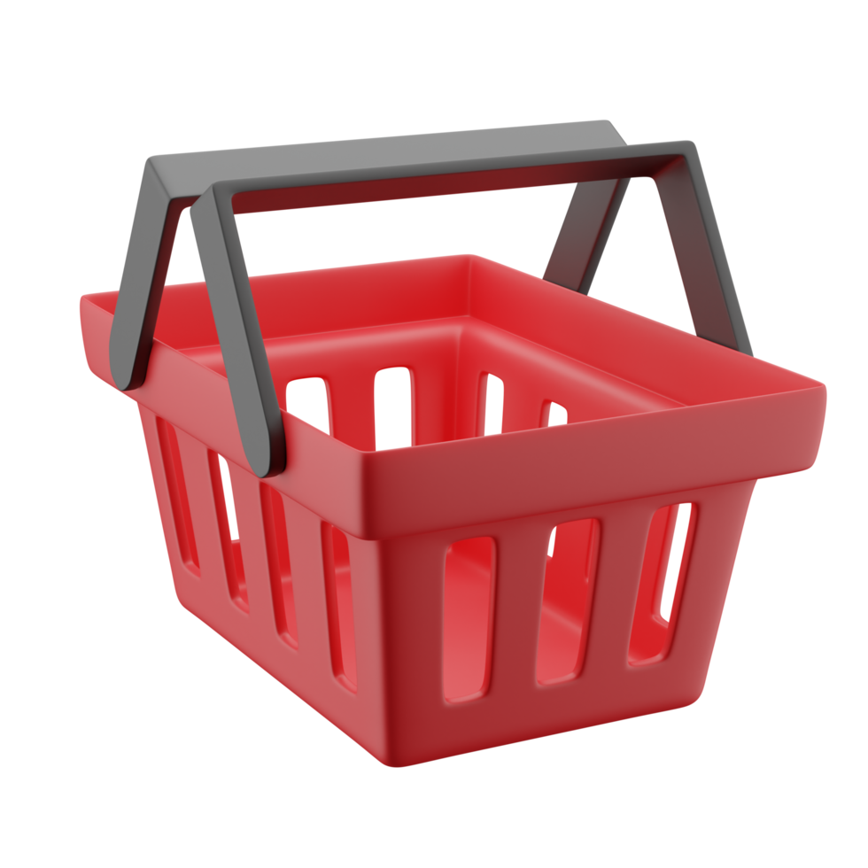 Ilustração 3D do ícone vermelho da cesta de compras ou mantimentos com alça preta em ângulo flutuante. png