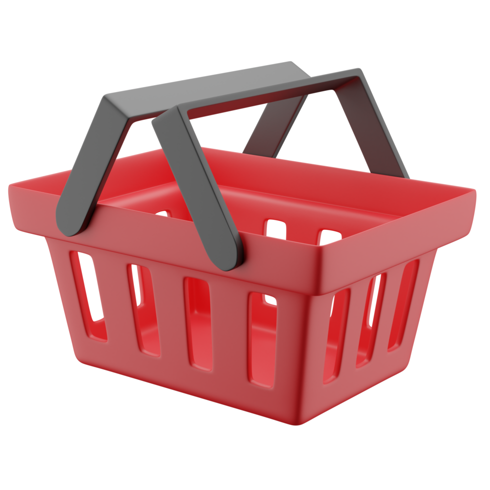 3D Illustration of red shopping or groceries basket icon with black handle in floating angle. png