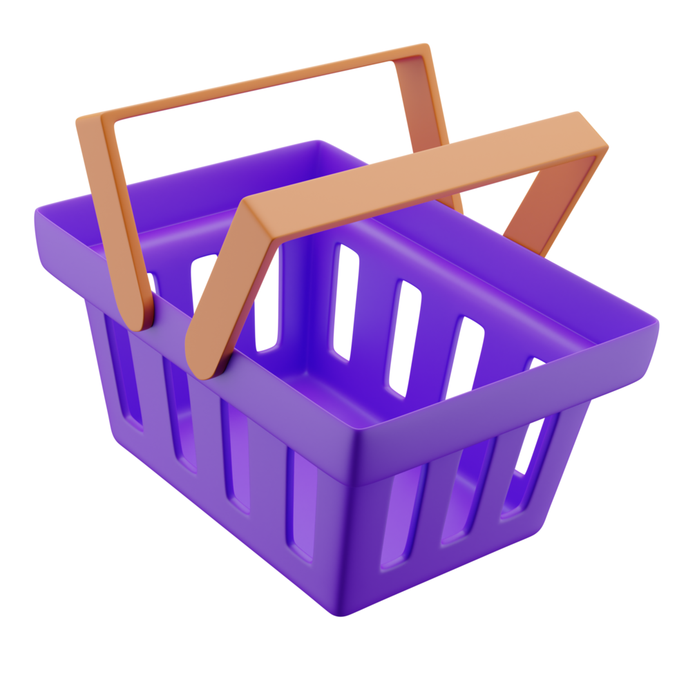 Illustration 3d de l'icône violette du panier d'achat ou d'épicerie avec poignée orange en angle flottant. png