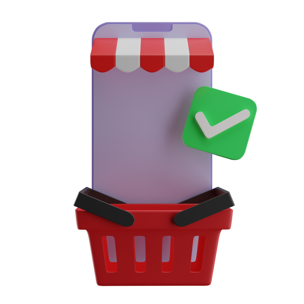 3D purple mobile phone with empty red basket, green checklist, and awning. png