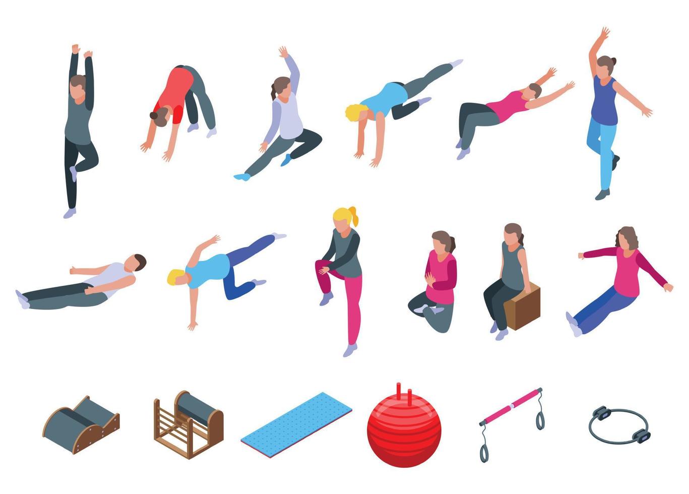 Pilates icons set, isometric style vector