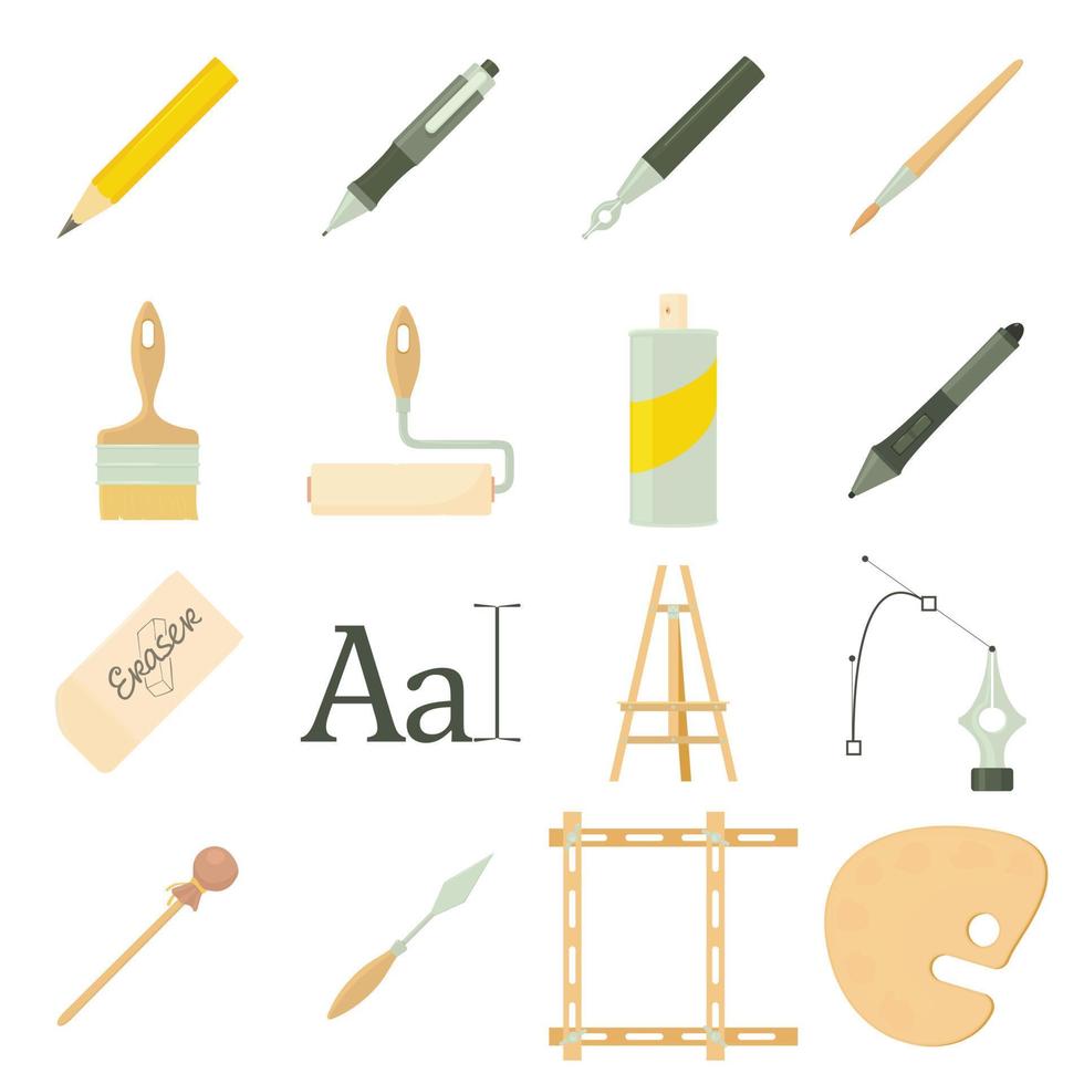 Drawing tools icons set, cartoon style vector