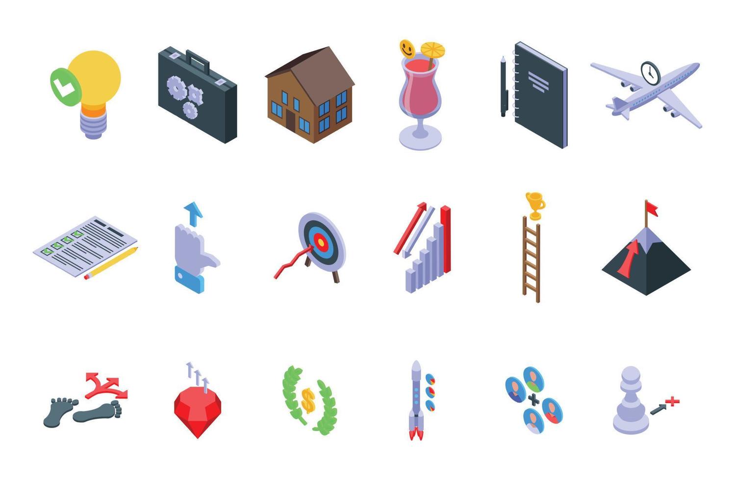 Realization icons set isometric vector. Dream self victory vector