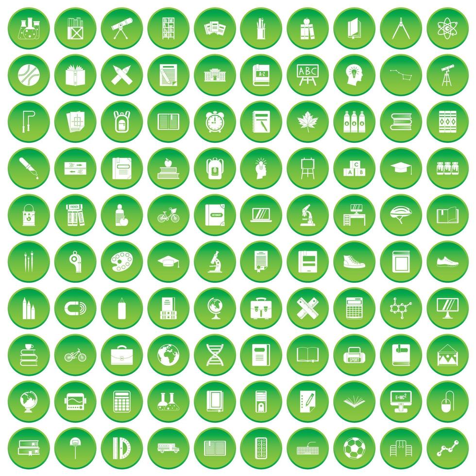 100 school icons set green circle vector