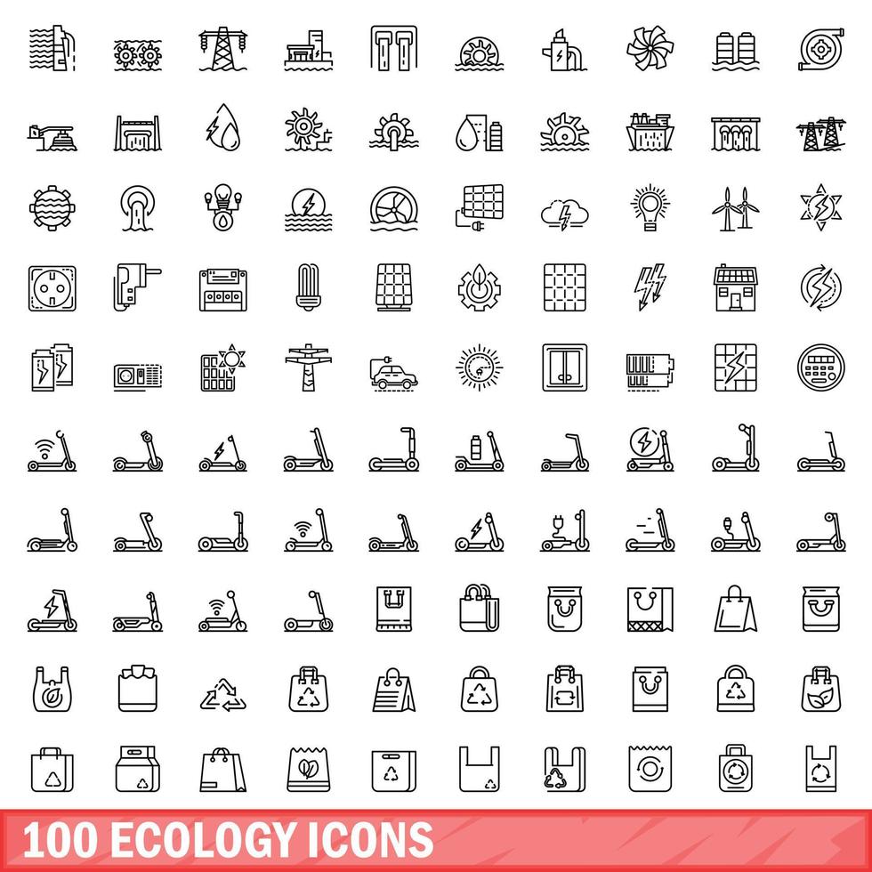 100 ecology icons set, outline style vector