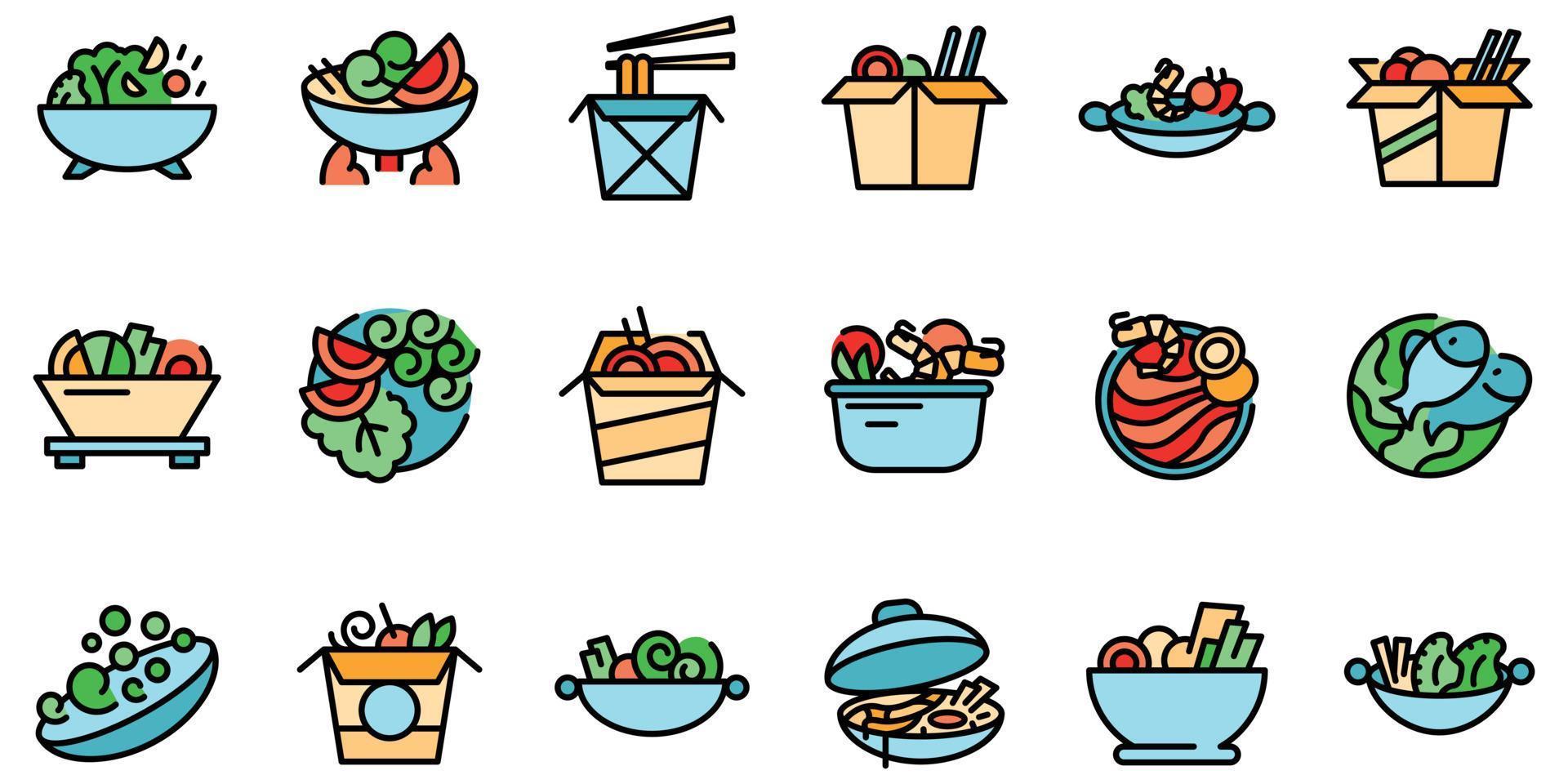 Wok menu icons set vector flat