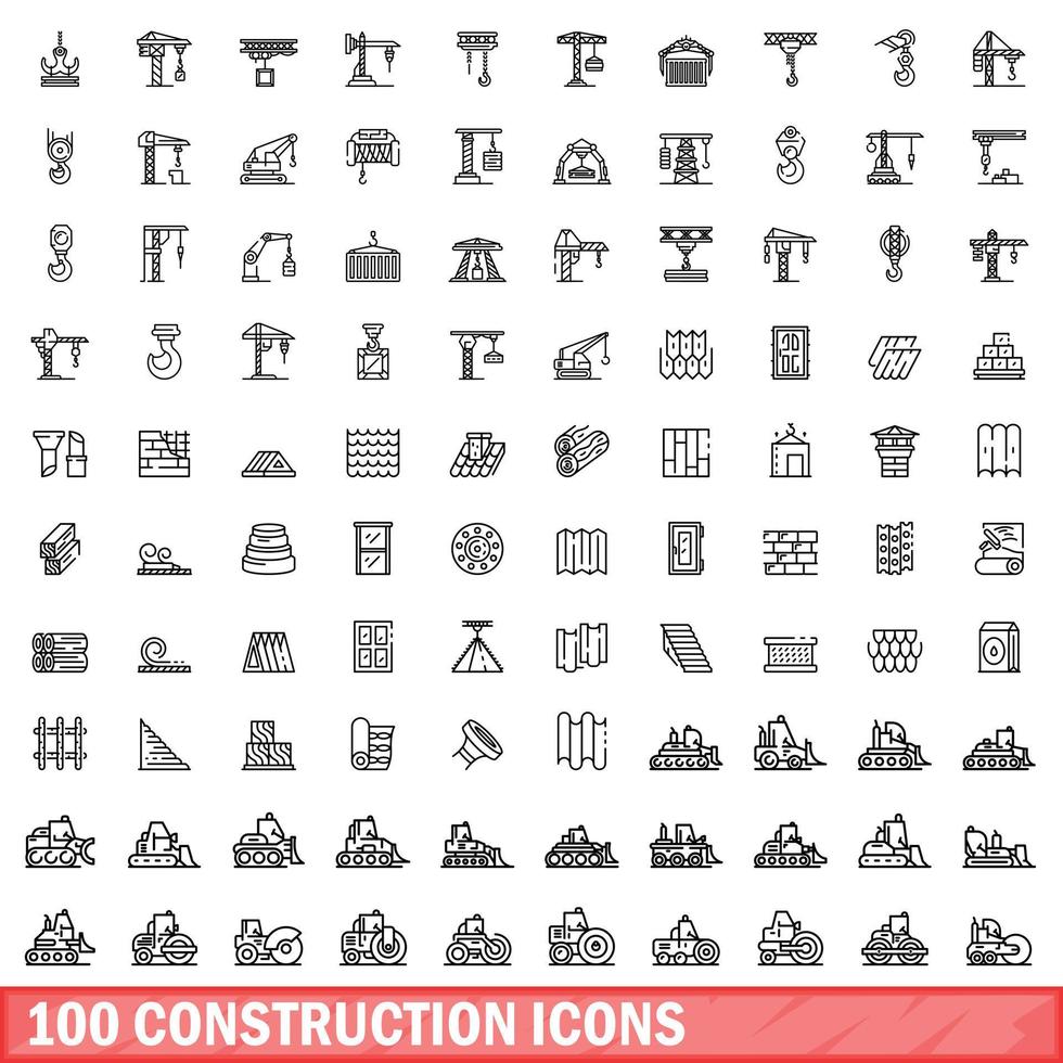 100 construction icons set, outline style vector