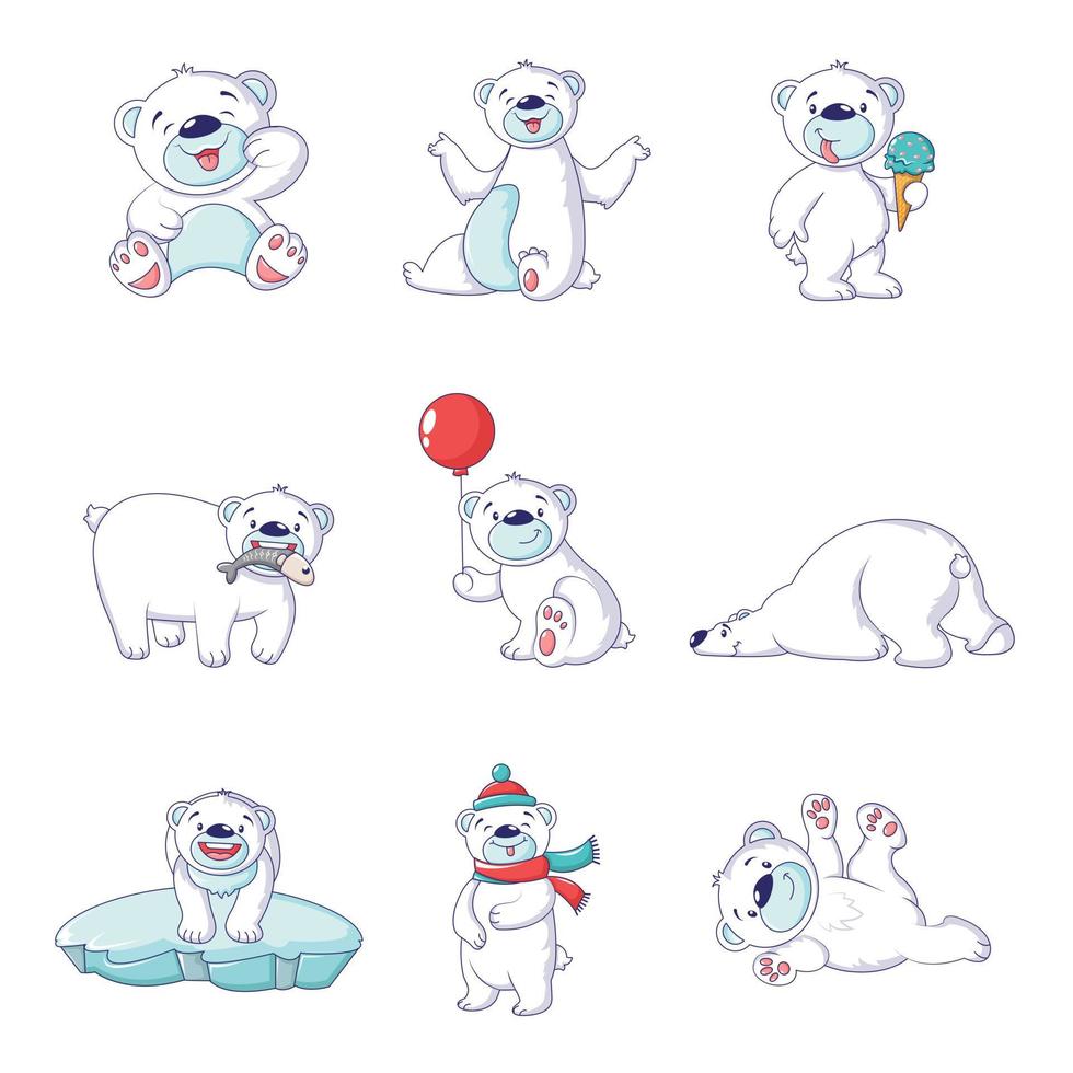 oso polar, bebé, blanco, iconos, conjunto, caricatura, estilo vector