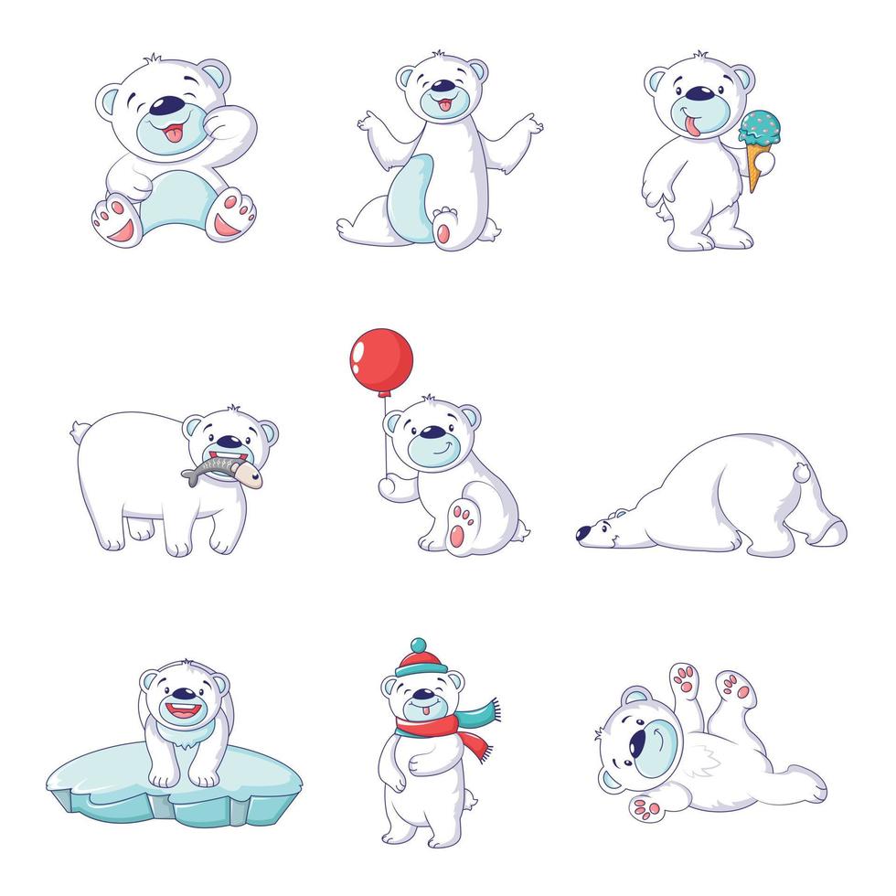 Polar bear baby white icons set, cartoon style vector
