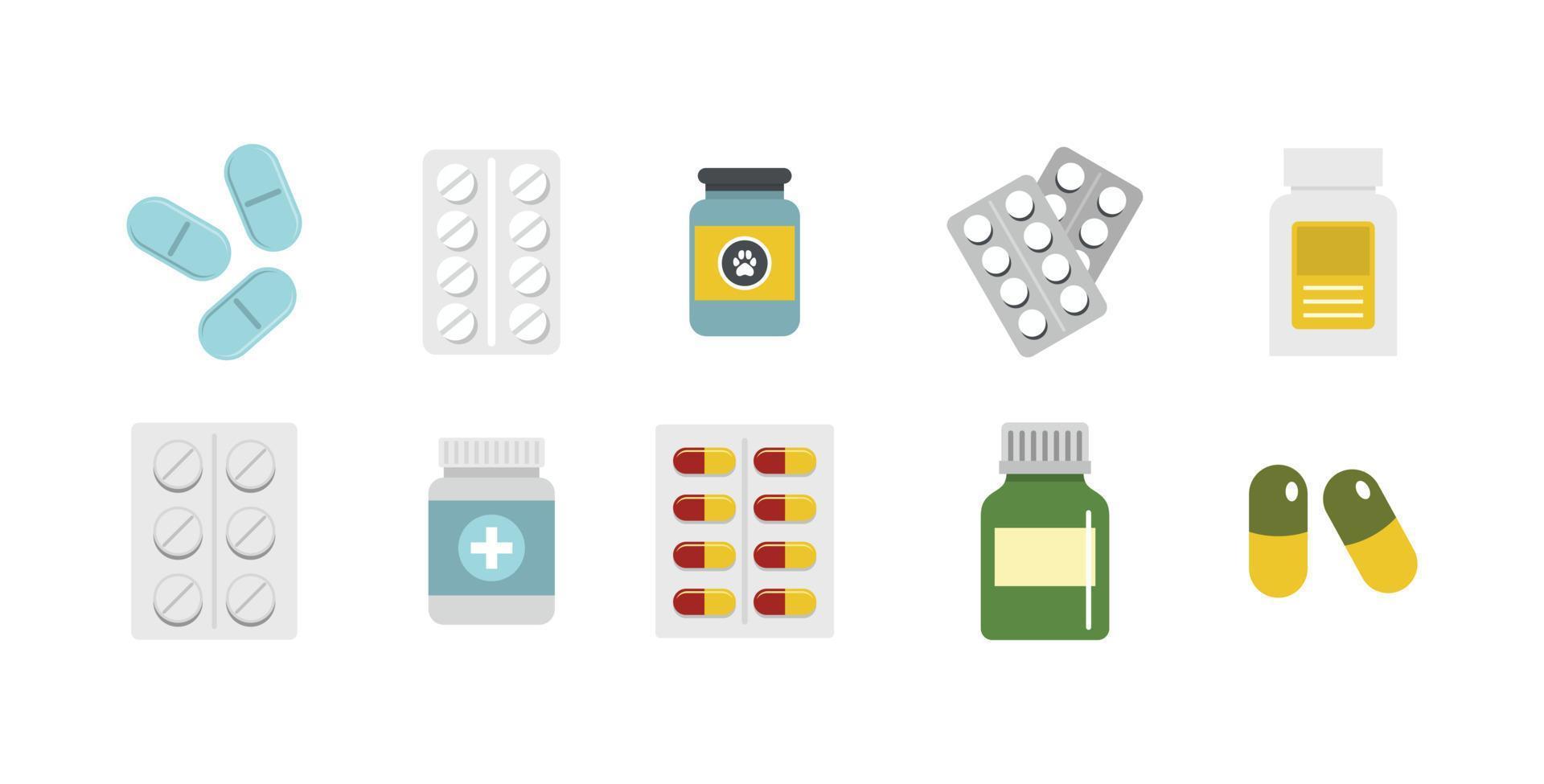 conjunto de iconos de pastillas, estilo plano vector