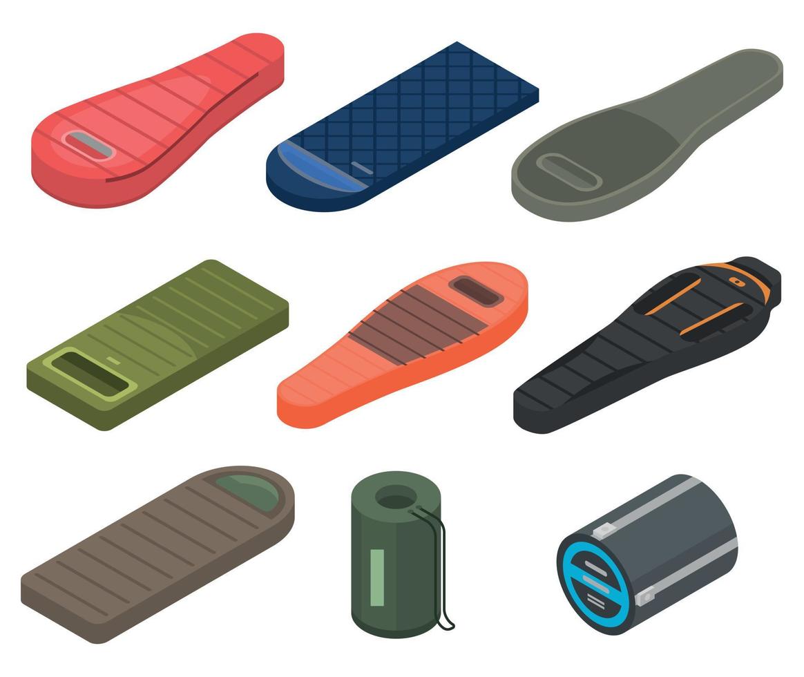 Sleeping bag icons set, isometric style vector