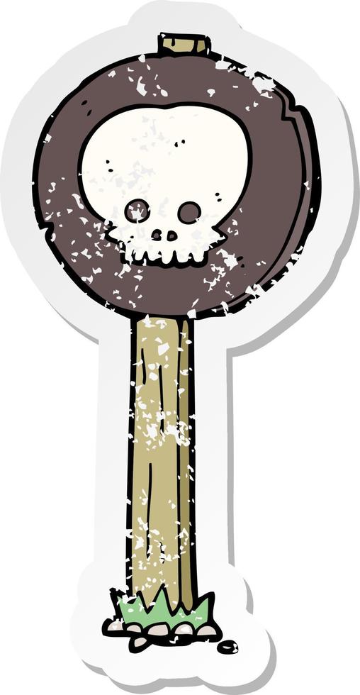 retro distressed sticker of a cartoon spooky skull signpost vector