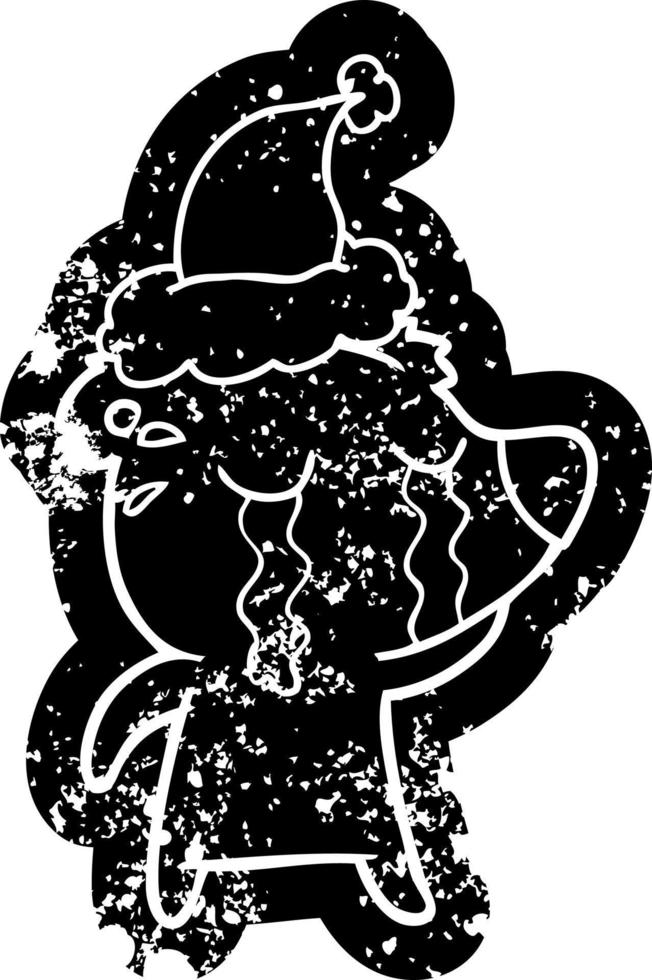 cartoon distressed icon of a crying bear wearing santa hat vector