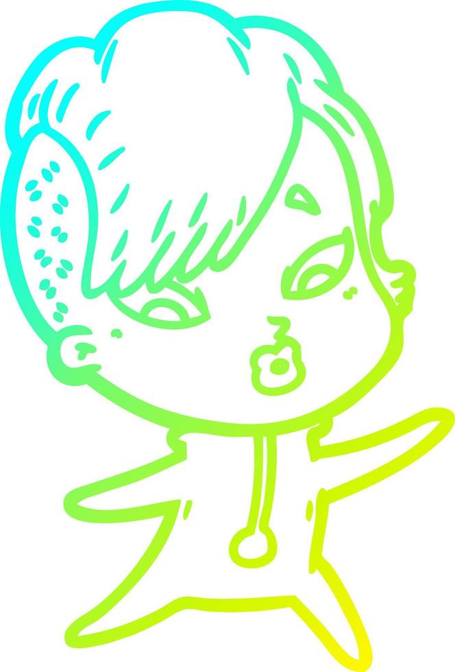 cold gradient line drawing cartoon surprised girl in science fiction clothes vector