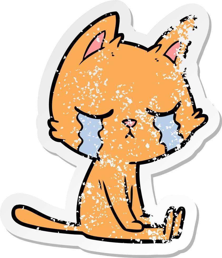 distressed sticker of a crying cartoon cat sitting vector