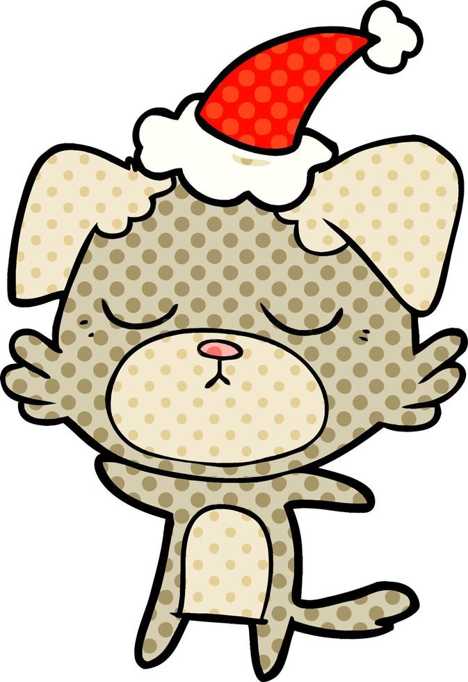 cute comic book style illustration of a dog wearing santa hat vector