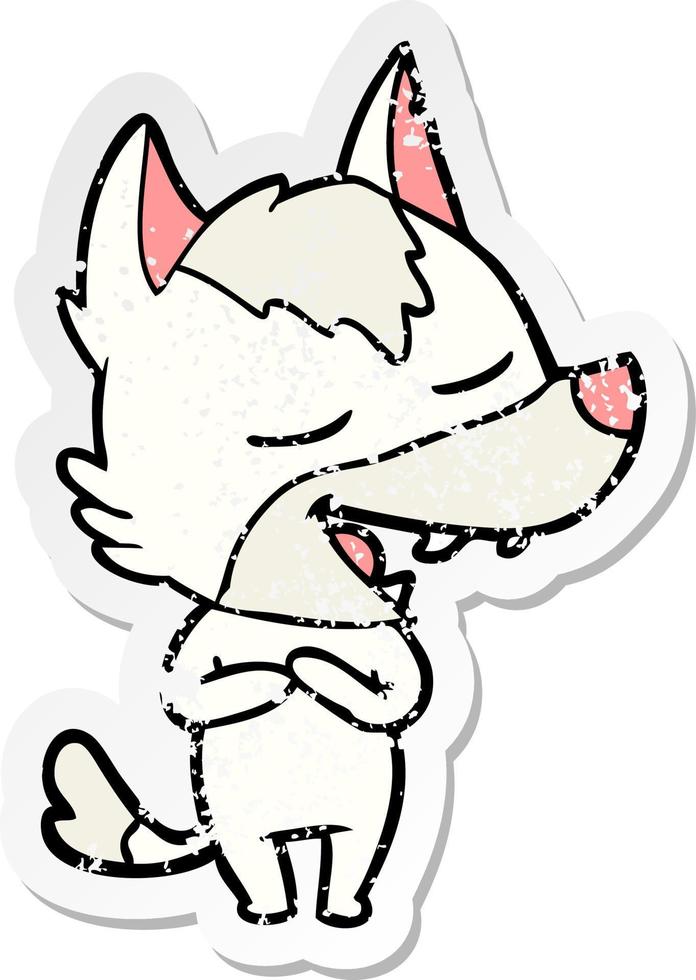 distressed sticker of a cartoon wolf laughing vector