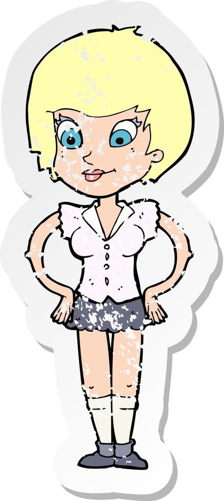 retro distressed sticker of a cartoon pretty woman with hands on hips vector