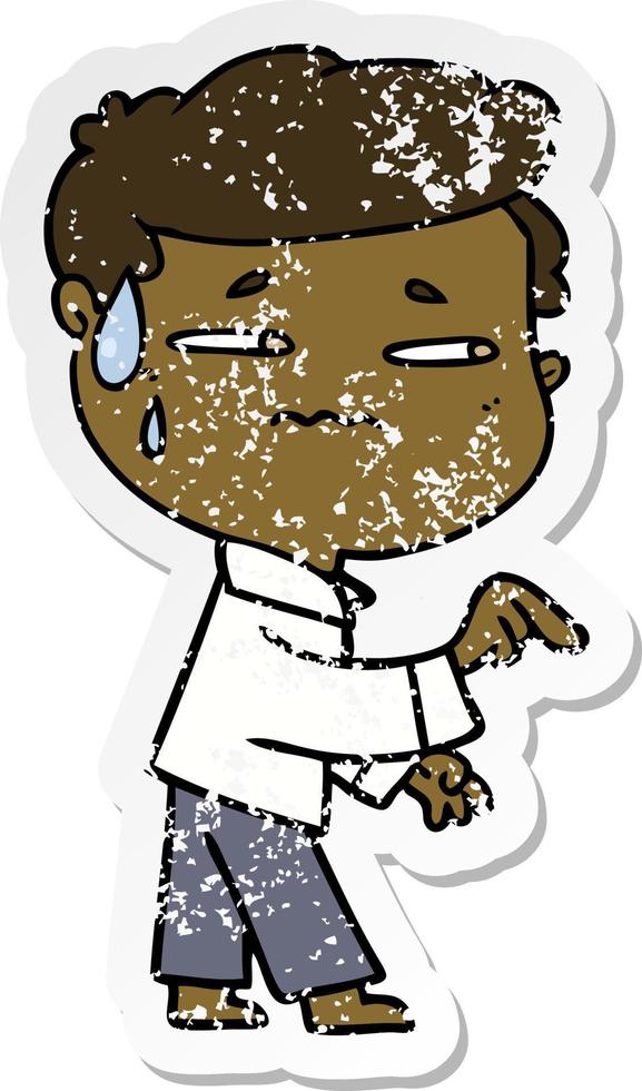distressed sticker of a cartoon anxious man pointing vector