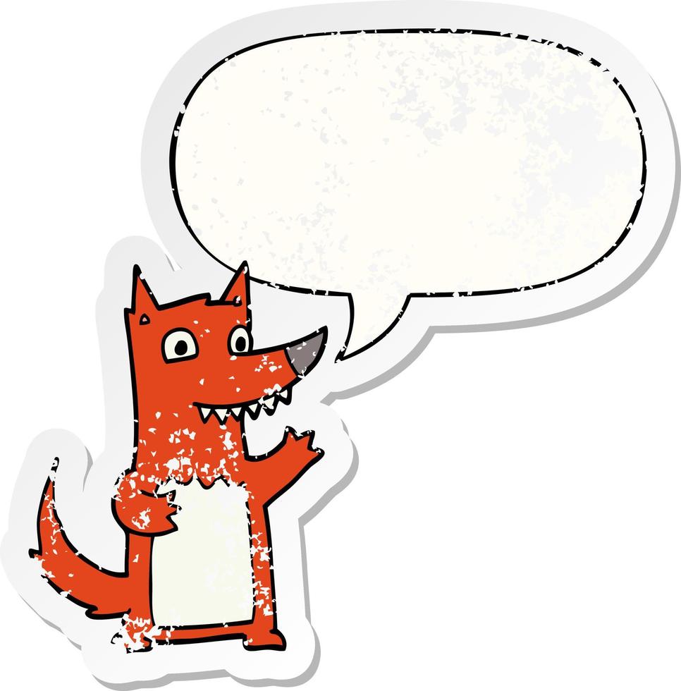 cartoon wolf and speech bubble distressed sticker vector