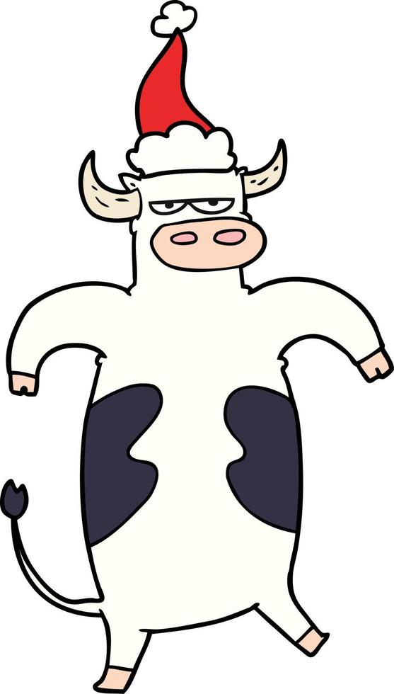 line drawing of a bull wearing santa hat vector