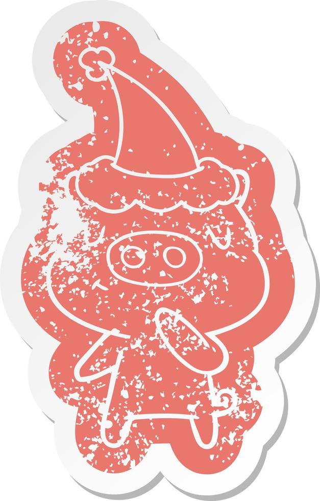 cartoon distressed sticker of a content pig wearing santa hat vector