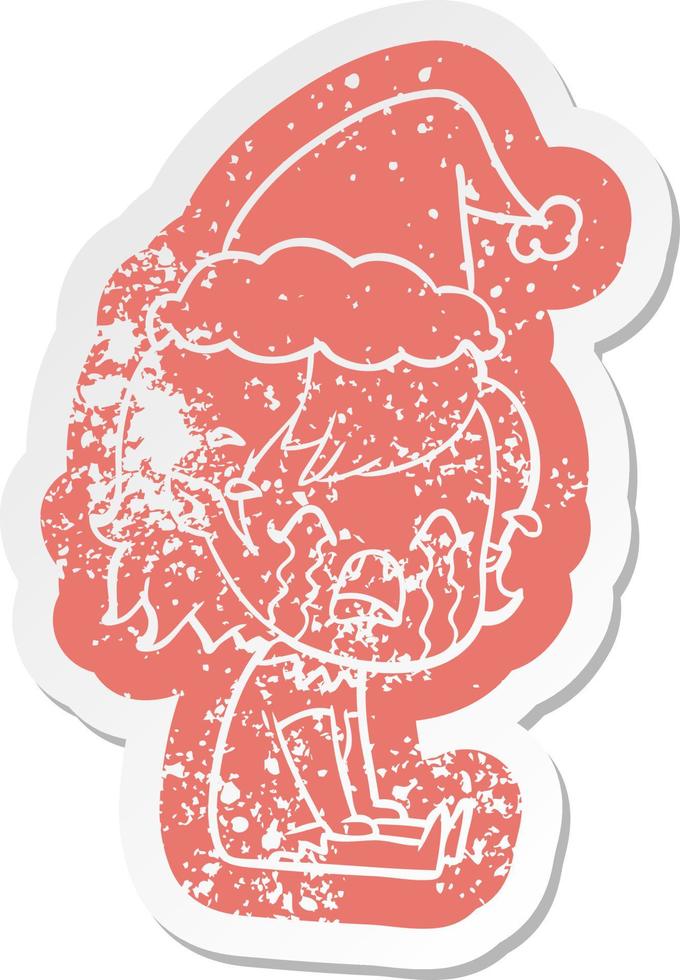 cartoon distressed sticker of a crying vampire girl wearing santa hat vector