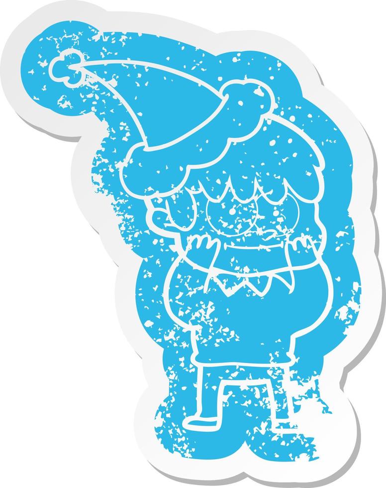 happy cartoon distressed sticker of a man wearing santa hat vector