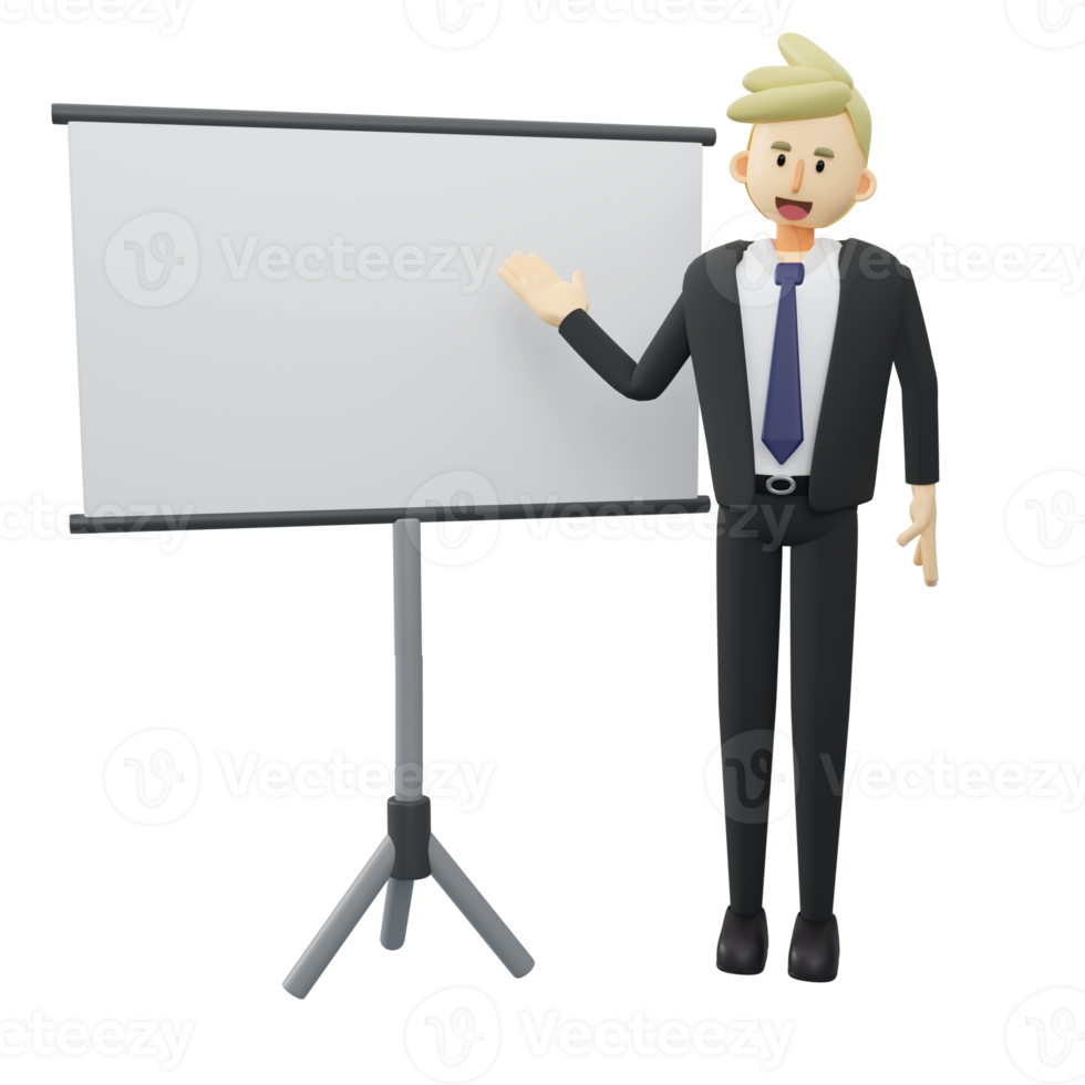 Business concept.Full length of businessman is presenting explaining with whiteboard.3d rendering cartoon illustration. png