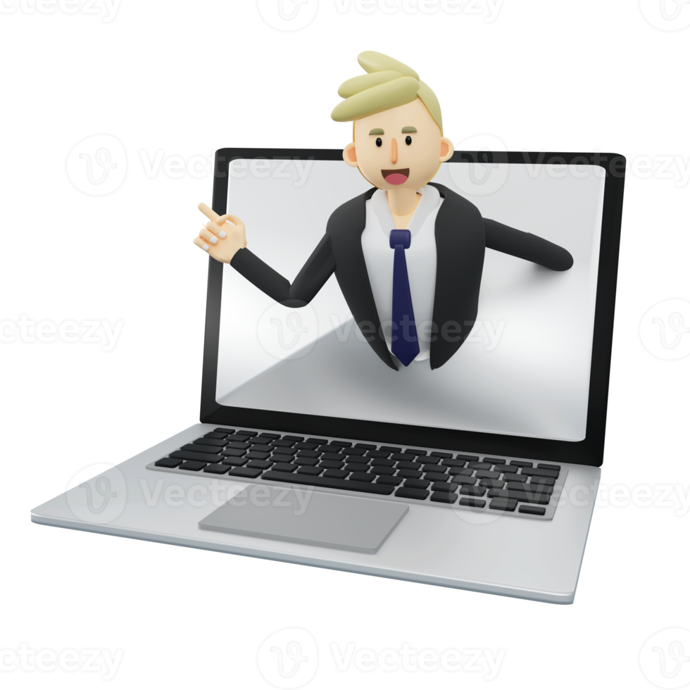 Business concept.Fast service.businessman is came out from laptop.3d rendering cartoon illustration. png