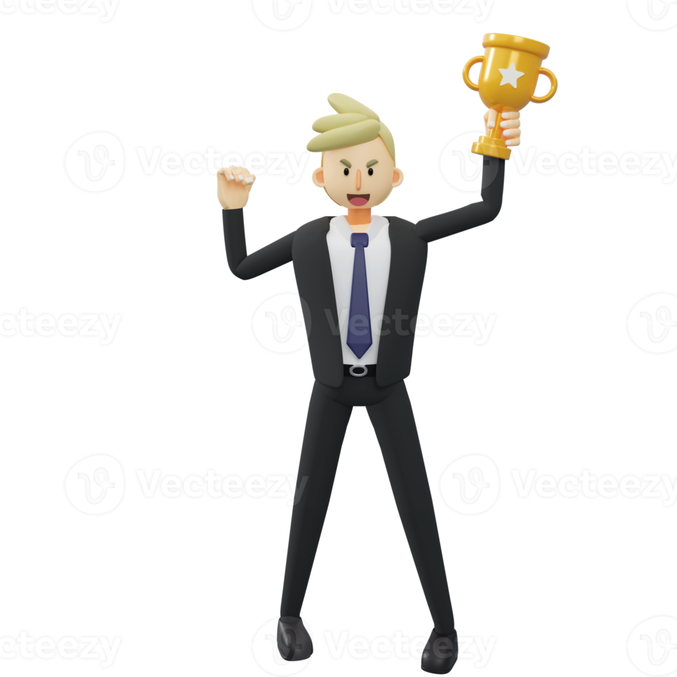 Business concept.successful.Full length of businessman is holding a trophy.3d rendering cartoon illustration. png