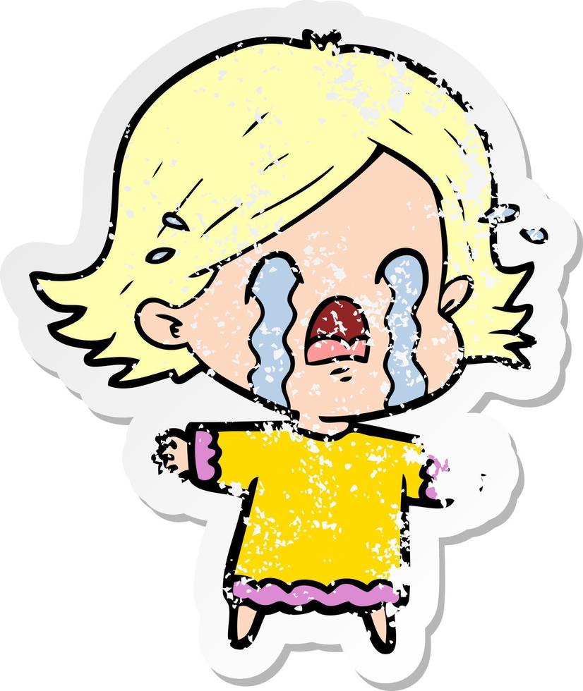 distressed sticker of a cartoon woman crying vector