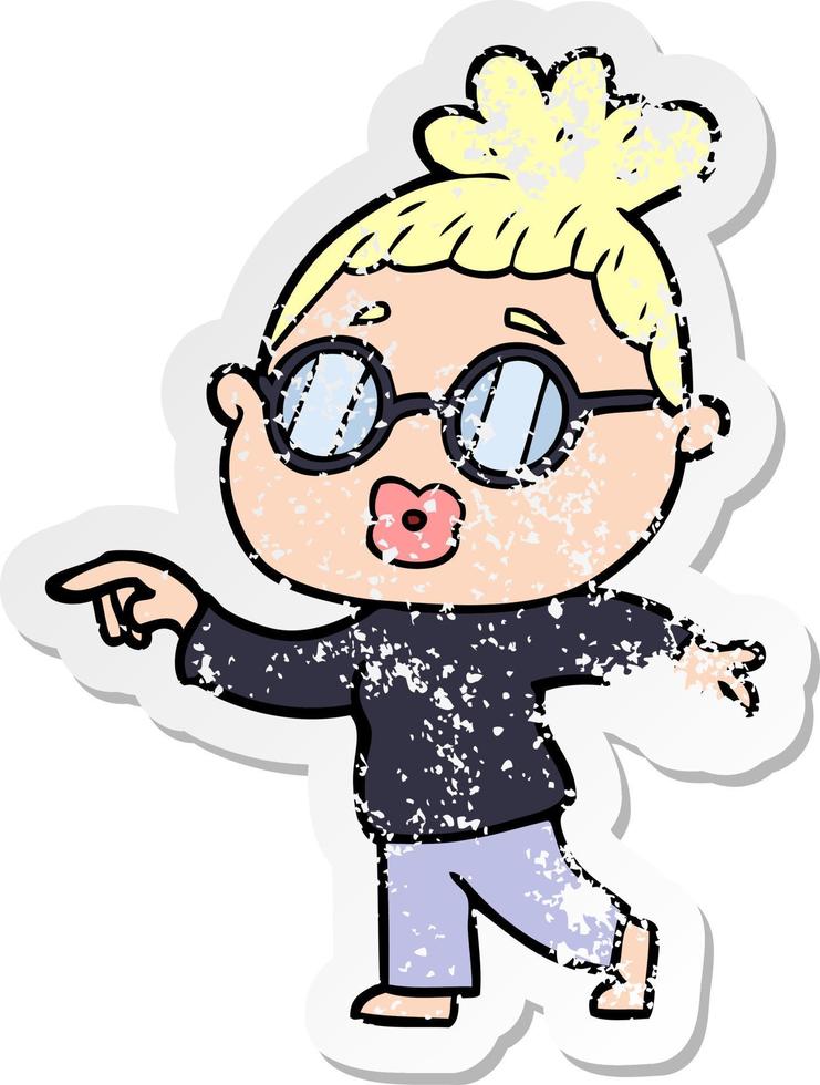 distressed sticker of a cartoon woman wearing spectacles vector