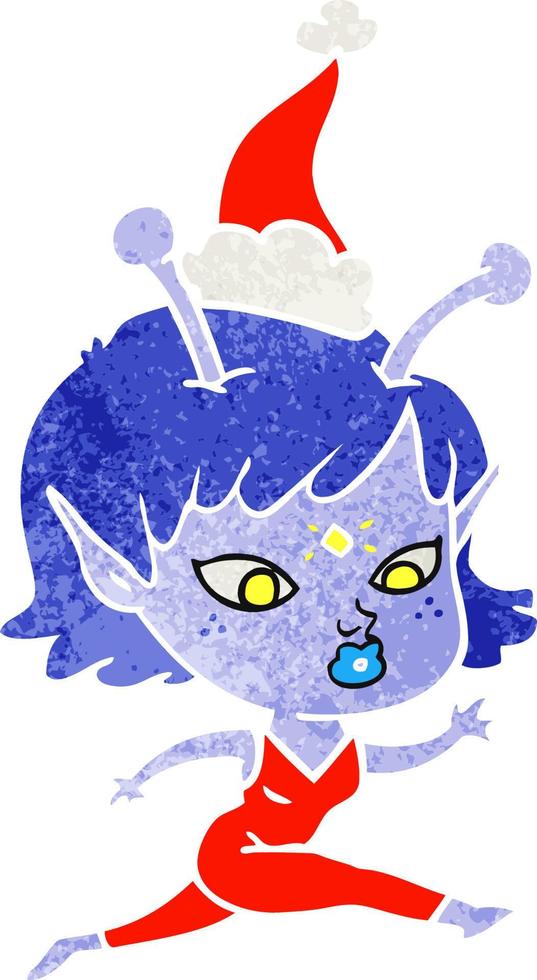pretty retro cartoon of a alien girl running wearing santa hat vector