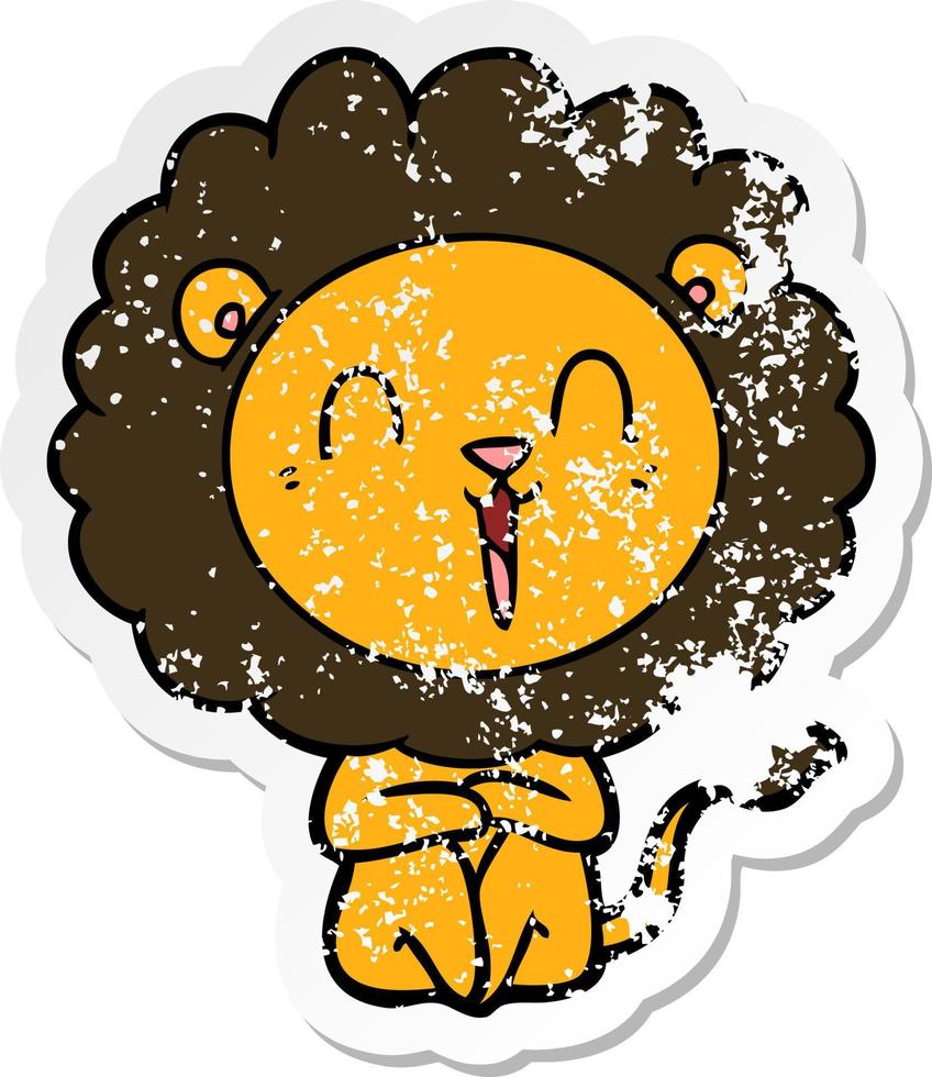 distressed sticker of a laughing lion cartoon vector