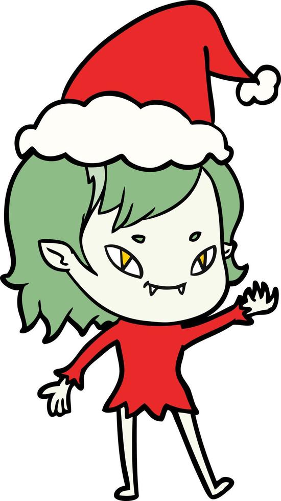 line drawing of a friendly vampire girl wearing santa hat vector