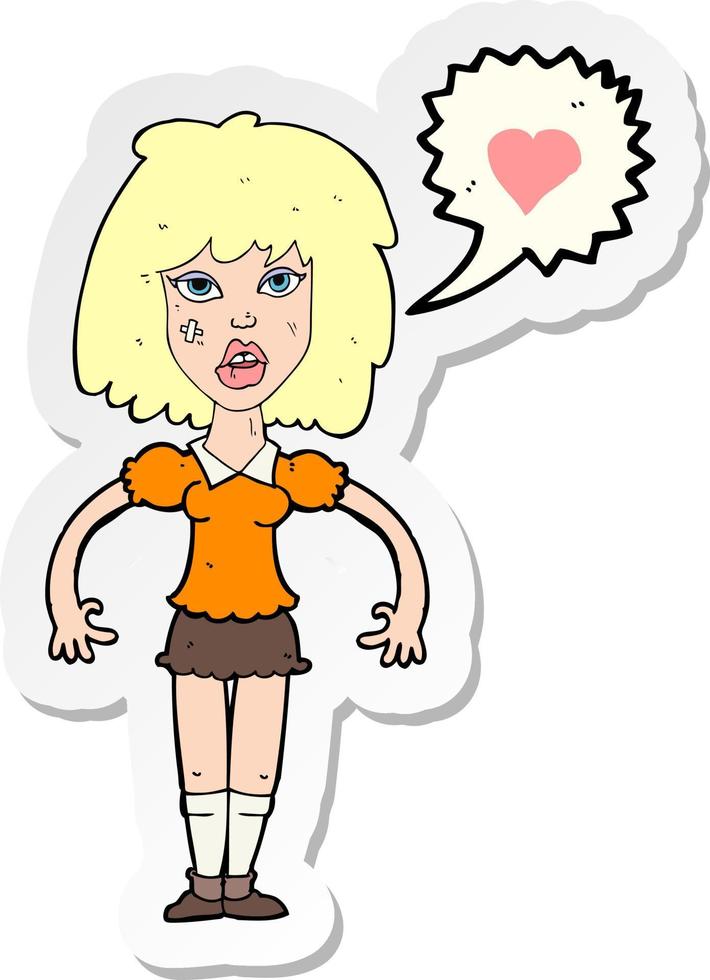 sticker of a cartoon tough woman in love vector