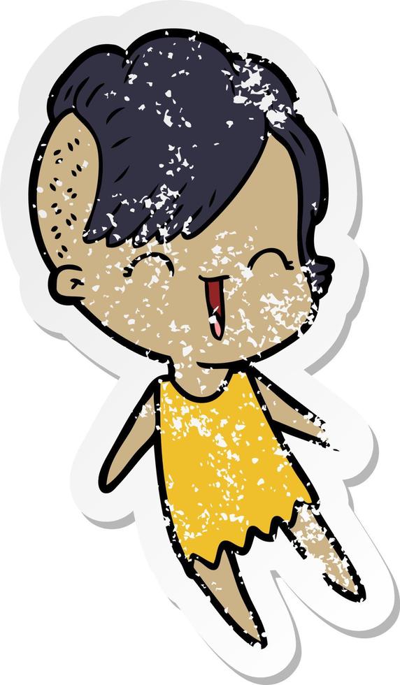 distressed sticker of a cartoon happy hipster girl vector