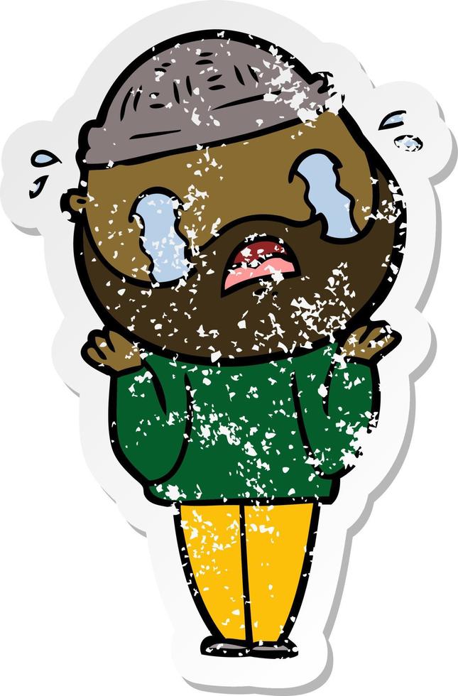 distressed sticker of a cartoon bearded man crying vector